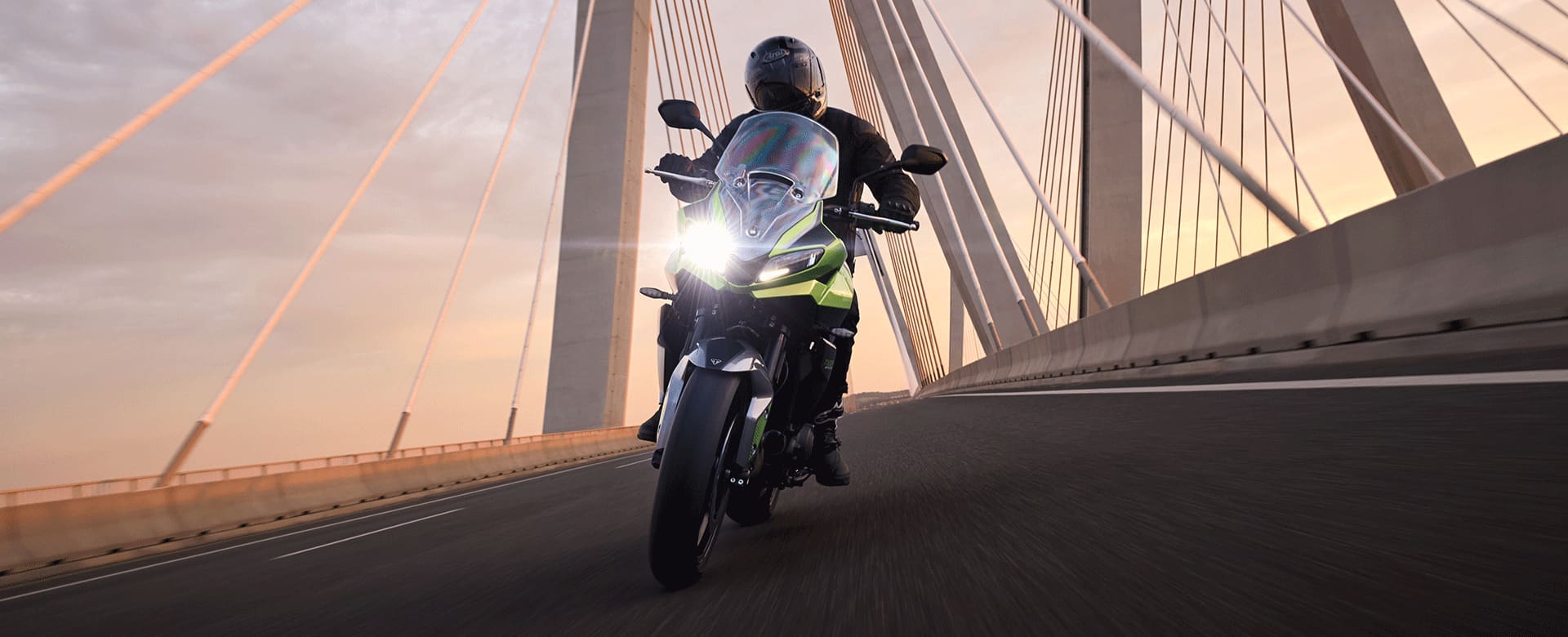Tiger Sport 660 in Roulette Green riding over suspension bridge